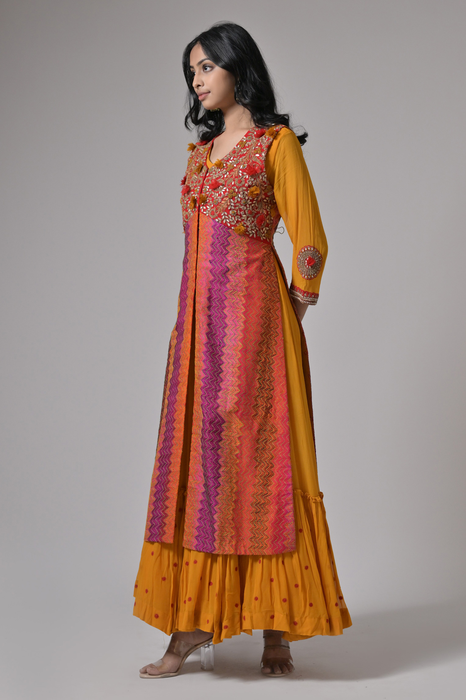 Georgette embroidered Yellow Jacket Style Anarkali Gown